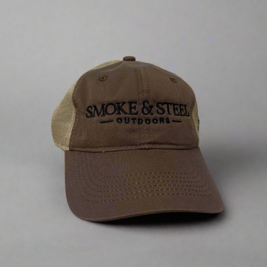 Brown & Khaki cap with Smoke & Steel Outdoors in black