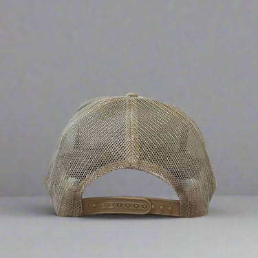 Khaki trucker hat with 'Truck Around & Find Out' text and mountain design on a gray background back view