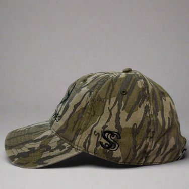 Mossy Oak Bottomland Camouflage cap with 'Timber & Tines' left view