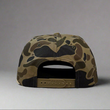 Old school duck Camo cap back view on a gray background