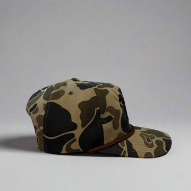 Old school duck Camo cap right view on a gray background