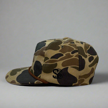Old school duck Camo cap with a smokeshow logo on a gray background