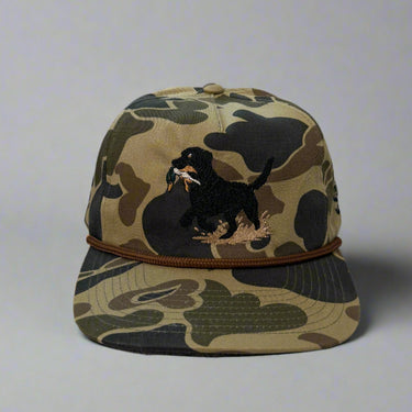 Old school duck camo cap with embroidered dog design