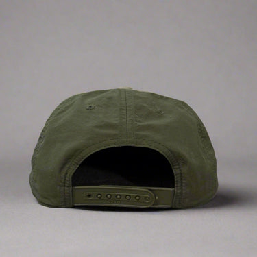 Olive green hat with blowin smoke text and duck call with smoke detail back view