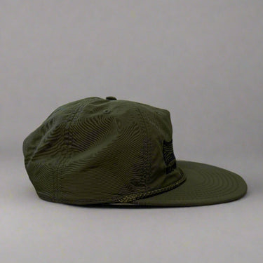 Olive green hat with blowin smoke text and duck call with smoke detail right view